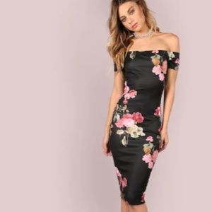 Bardot Neckline Floral Bodycon Midi Dress